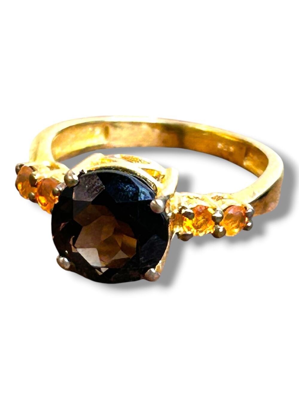Signed STS Karis Brown Smoky Quartz Citrine Cocktail Ring Gold Plated Size 7